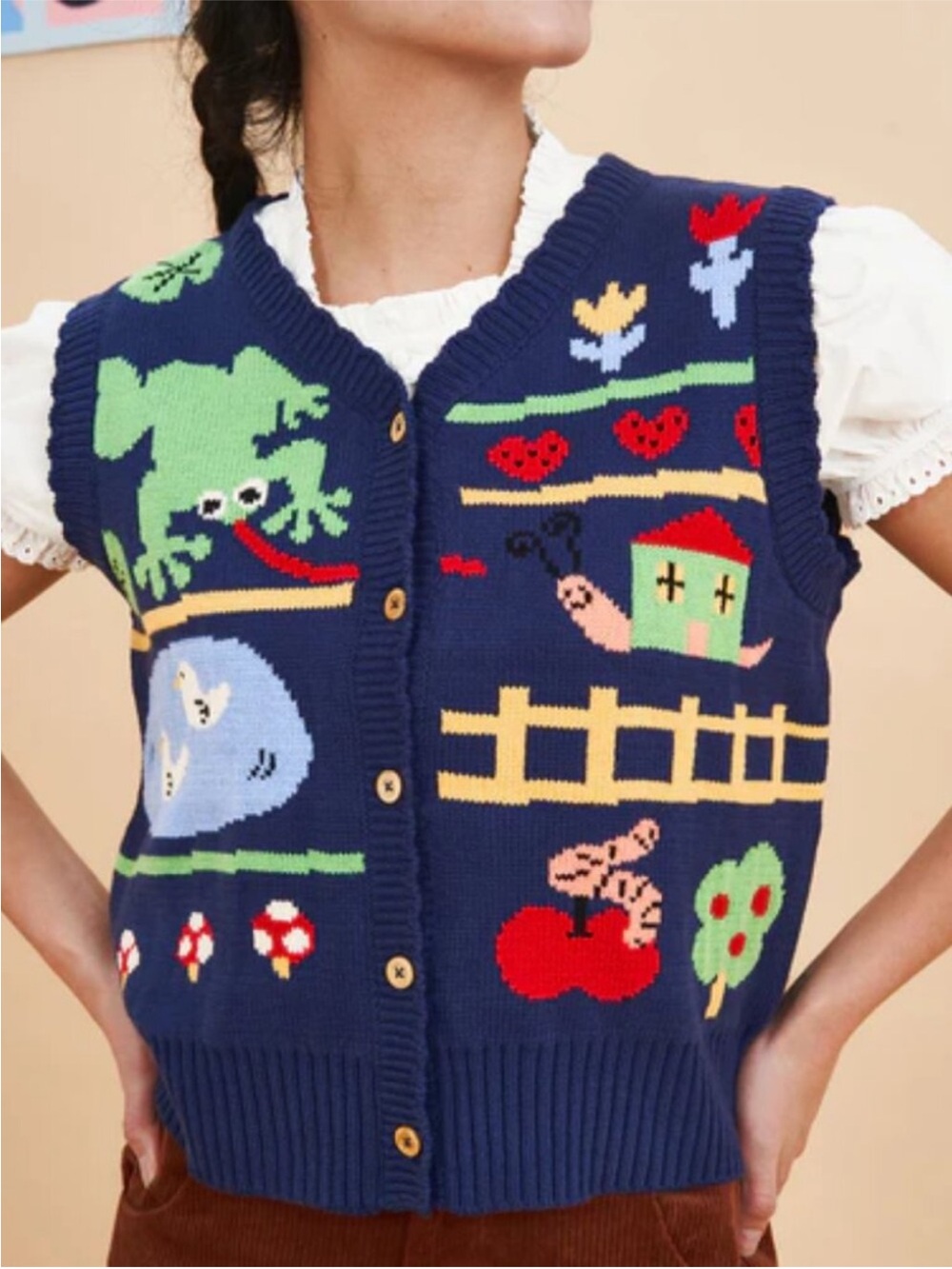 Navy Knit Cartoon Button Front Vest